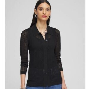Chico's‎ Cardigan Womens Large Black Mesh Knit Pointelle Collared Chic Feminine